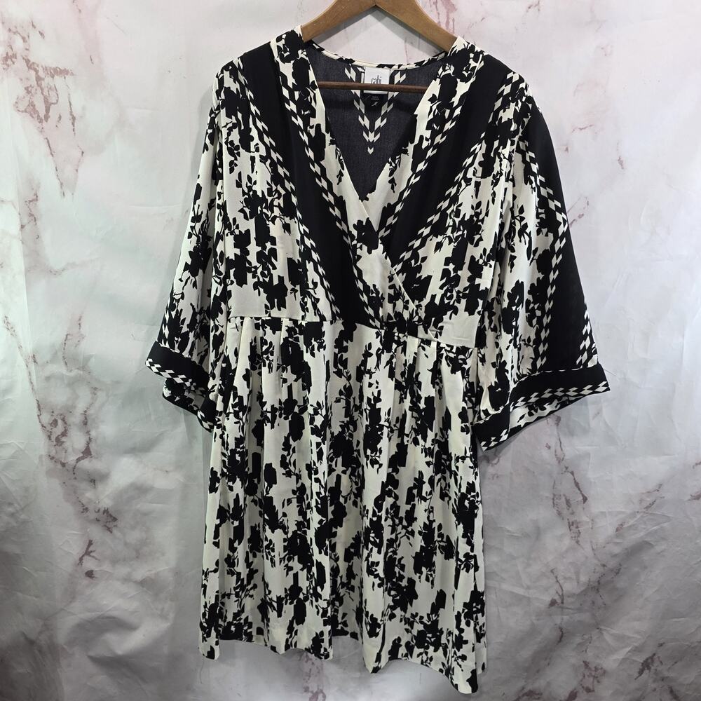 CAbi Black & White Printed V-Neck Mini Dress